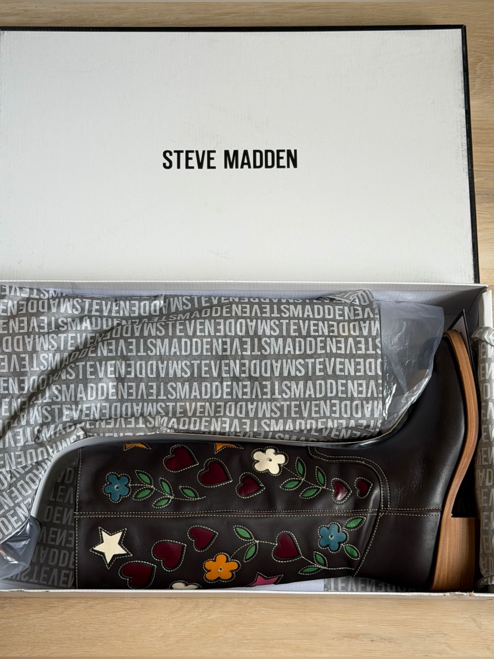 Steve Madden Riggs Floral Brown Leather Boots